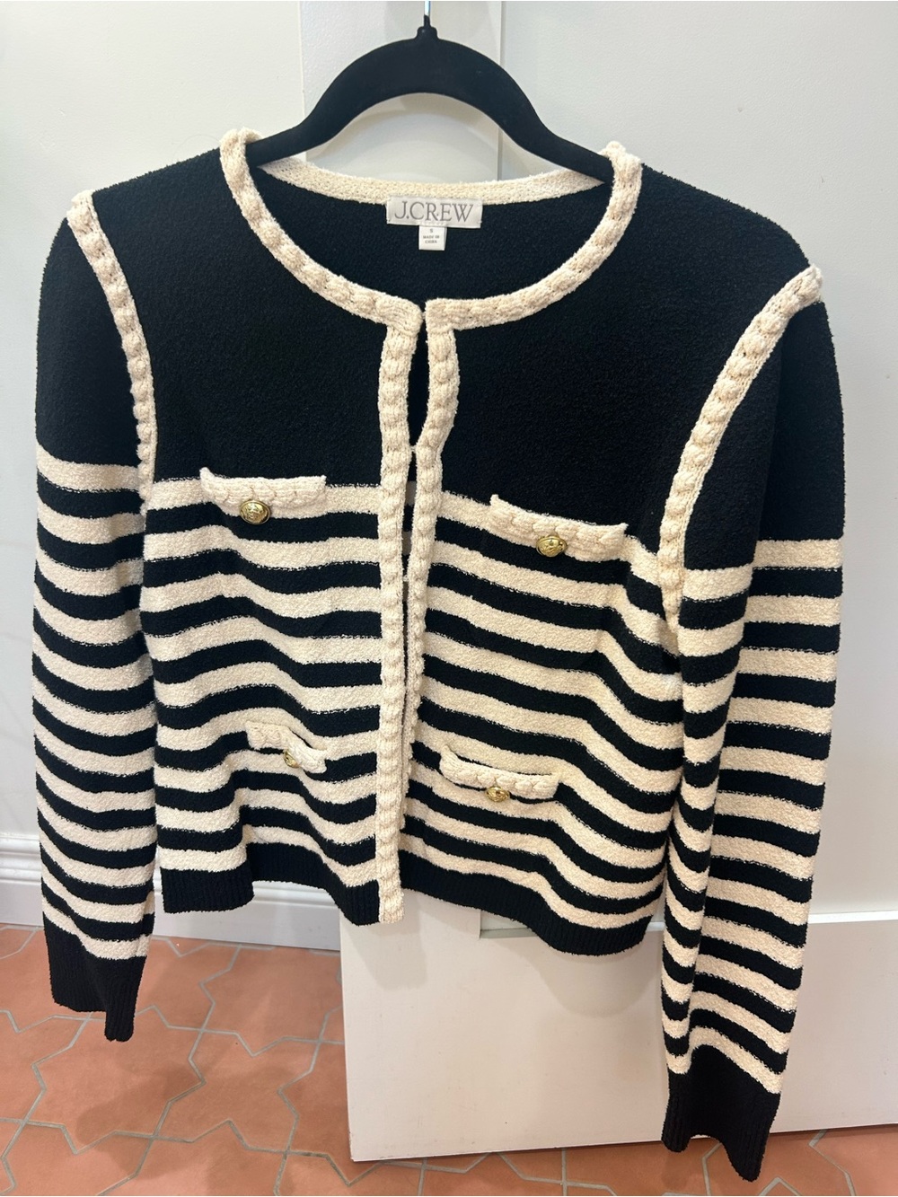Classic J. Crew Women's Black and Cream Striped Bouclé Cardigan Sweater